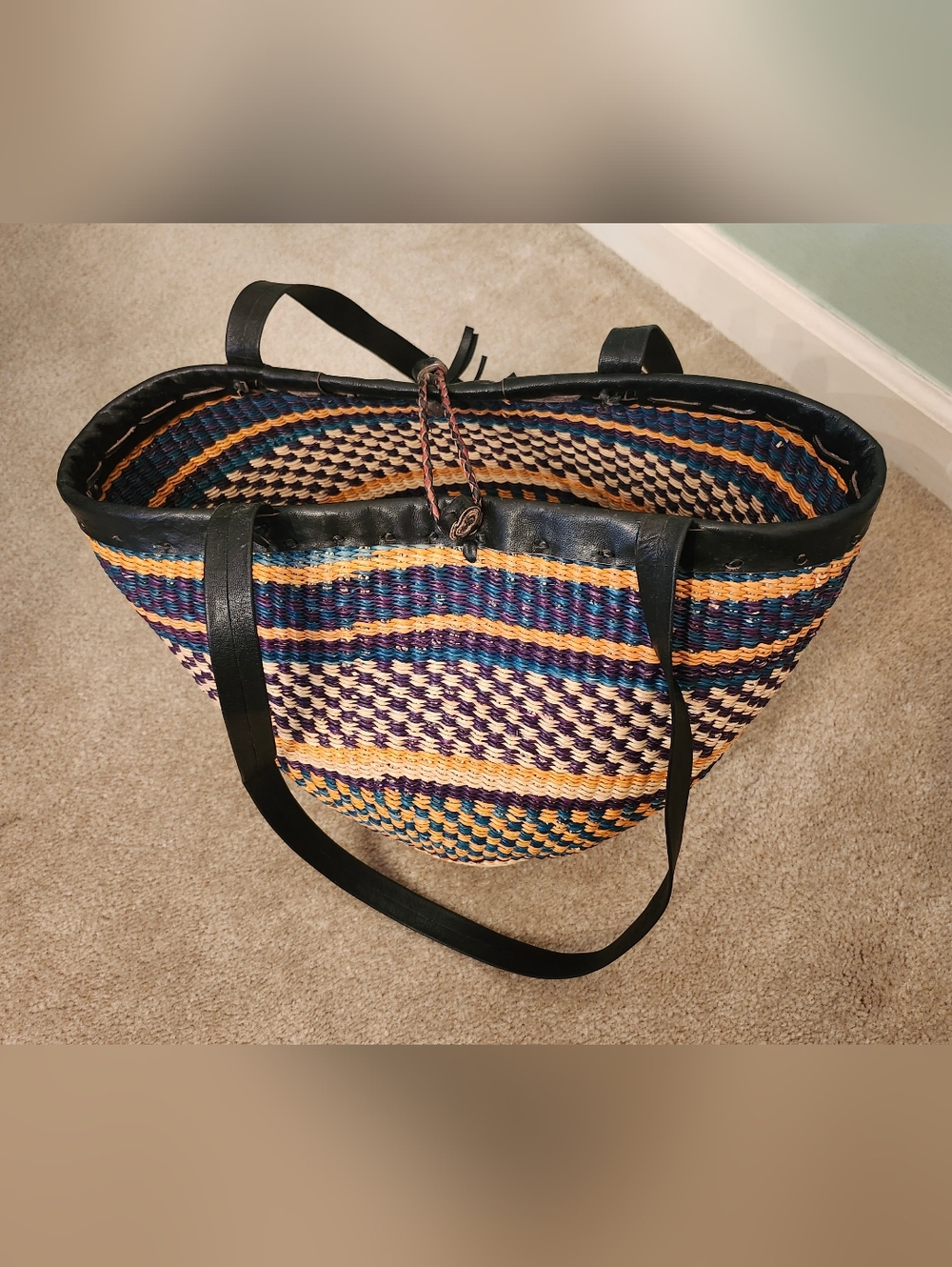 Handwoven Multicolor Straw Tote Bag with Black Leather Straps
